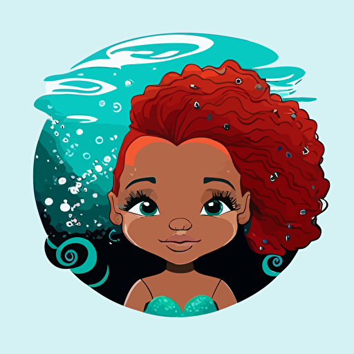 a black girl mermaid full face facing the viewer, red hair, the mermaid is swimming in the ocean with fish in the background, vector art, vector logo, disney style cartoon, detailed, bright colors, light blue background, simple cartoon, 2d