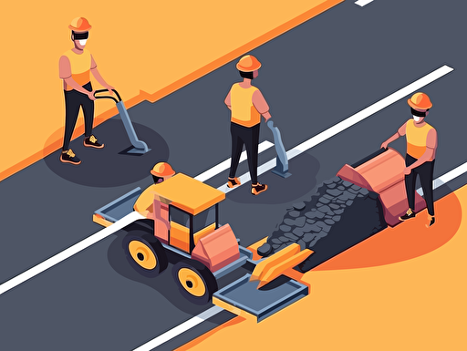 A group of workers is busy laying asphalt road, they use asphalt mix and grader to lay the road. A worker uses a hand-held roller to tamp the asphalt,vector ,2d illustrator,