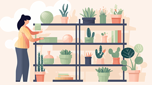 putting a simgle plant pot of succulent on a shelf, zoom in, flat color, vector illustration, for blog thumbnail image, simple, white background