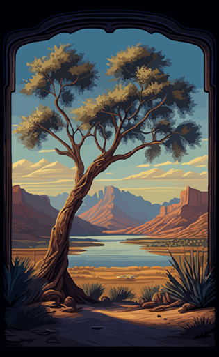 in a painting of a tree in desert landscape, you can see mountains, and landscape in the background, in the style of dan mumford, simplistic vector art, guatemalan art, ivan fedorovich choultse, fine art, super detailed