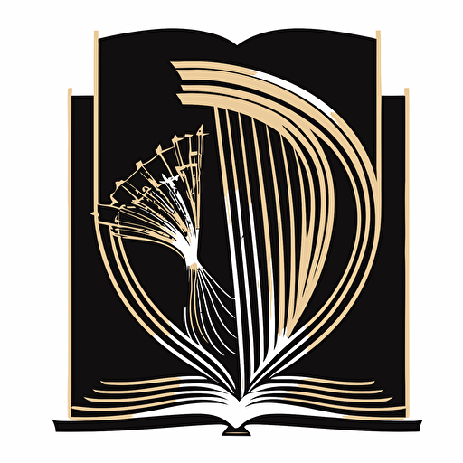 book logo, with harp emerging from pages, minimalist, vector, HD
