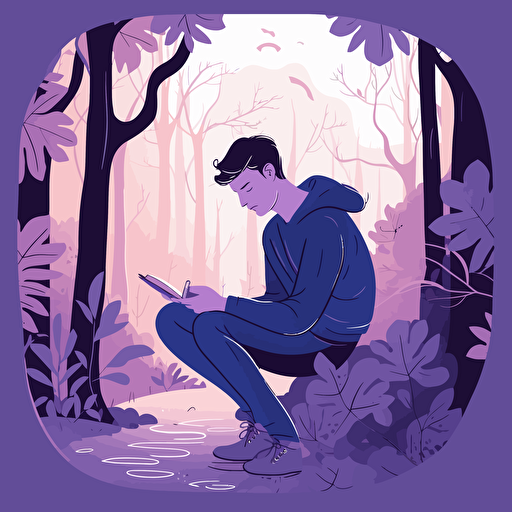a young man writing into his journal, sitting in a forest. Artsy flat vector illustration, light purples
