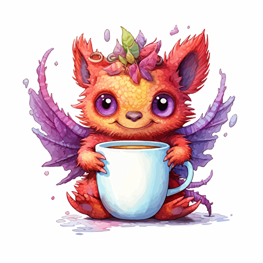 cute creature with cup of hot chocolate, highly detailed colorful, vector art, white background, ghibli studio style