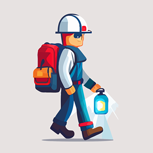 field engineer wearing a white hardhat, dark blue jacket, and work shoes, gripping a flashlight, accompanied by a red bag hanging from their arm. extreme simple, White Background. Vector cartoon.