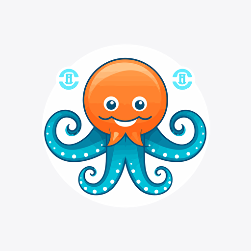 create a modern, minimalist but colourful blue and orange logo on white background of happy octopus in flat vector art style