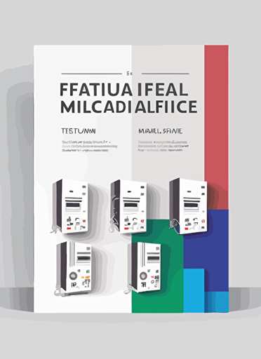 technical minimalistic printed product flyer cover page, displaying four different products, flat vector design, white background, large heading at top, modern, minimalist, corporate