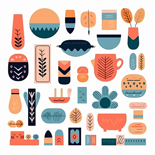 illustration colorful assorted wooden objects, scandinavian design, vectors, flat