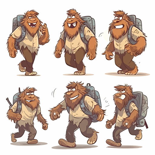cute childish bigfoot with backpack on his back , vector style, multiple poses and expressions, white background