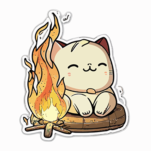 sticker, smiling cat sitting next to a campfire, liu yi artist style, vector, contour, white background