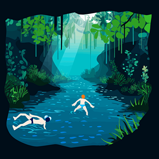 2d illustration of two people swimming in the Enchanted river of Bislig Mindanao, vector style