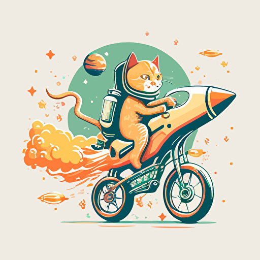 Vector art of a cat riding a bike with rocket boosters, simple vector illustration, Adobe Illustrator,