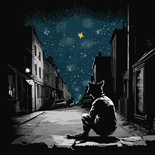 Drawing from Banksy's street art, create a vector illustration of a city alley where animals are painting graffiti on the walls, expressing messages of hope and unity. Set the scene during a starry night.