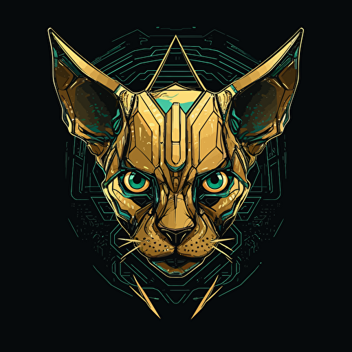 Logo, Menacing, Alien Mecha Cat, Sphynx, Gold Skin, Green Eyes, Big Ears, Triangle Base, Vector Style,
