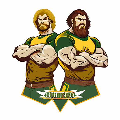 two brothers, Brozen Tundra, Siberia, looking tough,champions, wearing green and yellow, wearing an oblong brown football, sports logo style, white background, vector