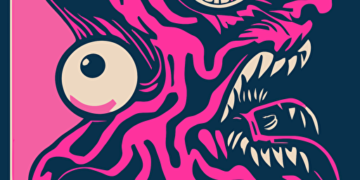 a stranger things style monster, cartoon style vector drawing, pink and purple, goth punk style, lino print style