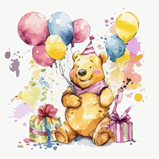 watercolor very happy cheerful Winnie the Pooh with gift packages. Set in a delightful birthday party scene, with decorations, balloons, and a festive atmosphere all around. whole body, Vector drawing on a white background