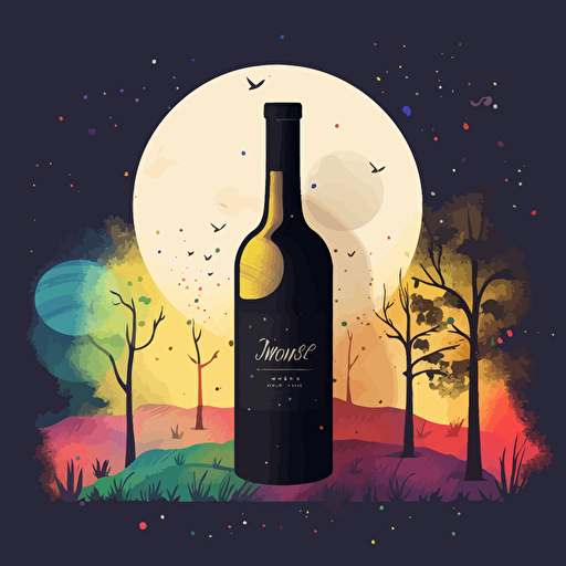 wine label, digital illustration, fine art, wineyard, simple minimal vector, magical, colorfull