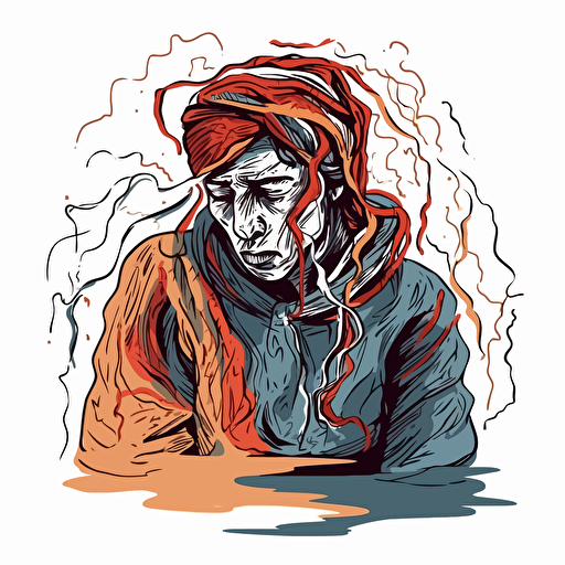 doodle art of a man self sabotage himself without background, flowing fabrics, simplistic vector art, subtle ink application, loose paint application