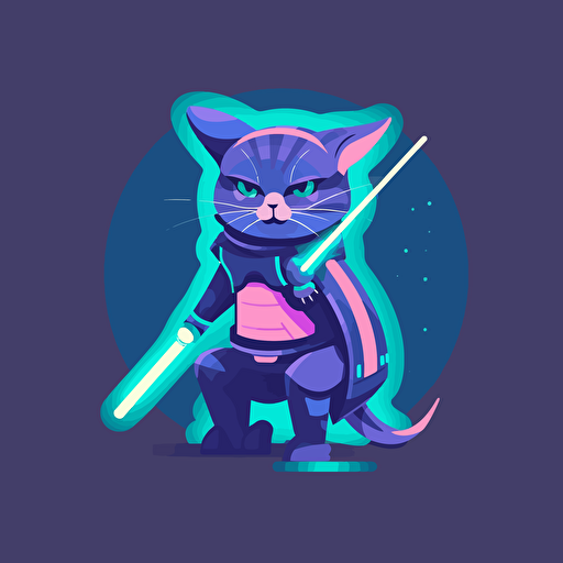 creative logo design, flat 2d vector logo of a futuristic anthromoporphic space traveling battle warrior cat wearing sci-fi suit with lightsaber, muted purple and blue colors, 80s, star-wars-inspired
