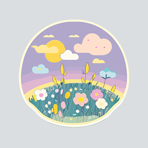 vector sticker design, transparent background, kawaii cute style, yellow and purple pastels wildflower field against blue sky, with clouds