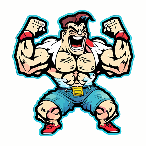 a muscular video gamer, Sticker, Happy, Primary Color, Deviant Art, Contour, Vector, White Background, Detailed,