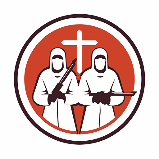 2d vector icon. crusaders with kalashnikov assault rifles searching for glory. arsenal fc logo color theme. minimalistic. simple. circle shape. white background.