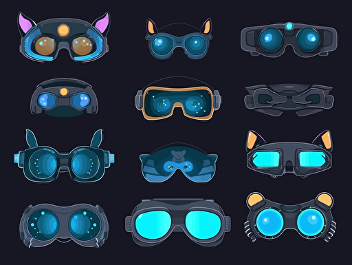 game sprite sheet of futuristic sci-fi goggles for space-cats, collection sheet, 2d game sprite, asset store 2D flat cartoon drawing vector