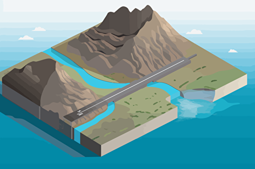Create an vector scientific illustration depicting a river with a water dam in the middle, seperates it into two section. The upstream section is surrounded by mountains, The downstream section has concrete riverbank, located in urban areas.