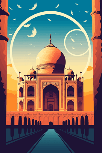 taj mahal, illustration, bright lighting, summer vibrant colors, blue sky, sun in sky, front view, flat,vector