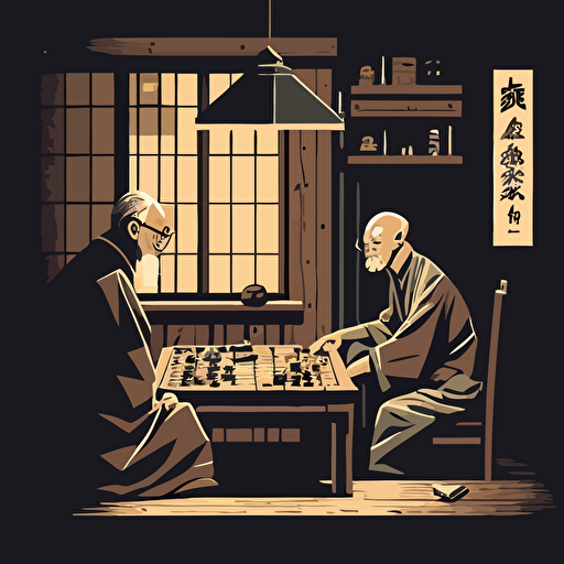 Based on the popular Japanese game of Go, design a vector illustration of Satoshi Nakamoto engaging in a strategic game of Go with a wise elder in a traditional Japanese room. Set the scene during a quiet and focused afternoon.