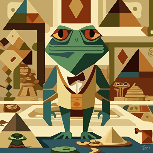 Inspired by the Cubist style, design a vector illustration of KEK (in his frog form similar to Pepe the Frog) participating in a traditional Egyptian ceremony. Set the scene using geometric shapes and a limited color palette in an ancient Egyptian setting. KEK observes the ceremony with curiosity.