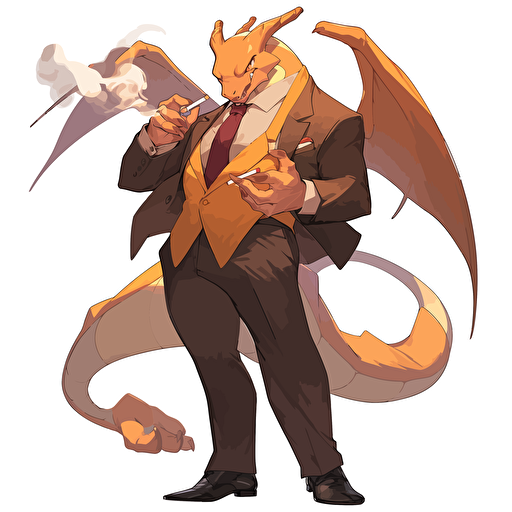 charizard wearing a suit, smoking a cigar, do not show lower body vector art, 2d, white background