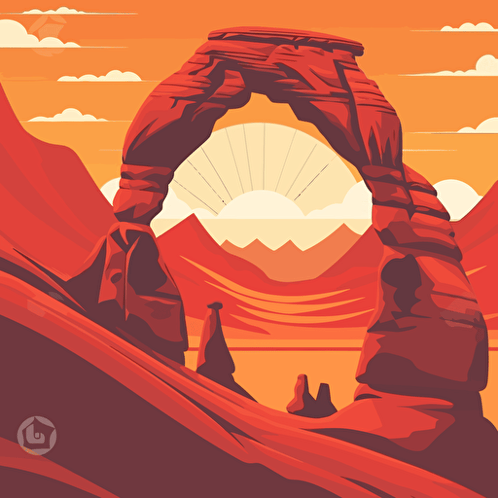 Delicate Arch Moab with mountains behind it, 2d vector, flat design, minimalism, illustration, bright, sunny