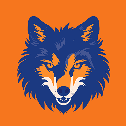 a poster of a blue flat silhouette of a wolf's head on an orange background. All in the style of solid flat vector illustration