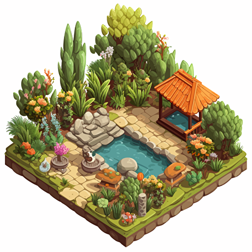 isometric cartoon vector image of a small colorful botanical garden with transparent background