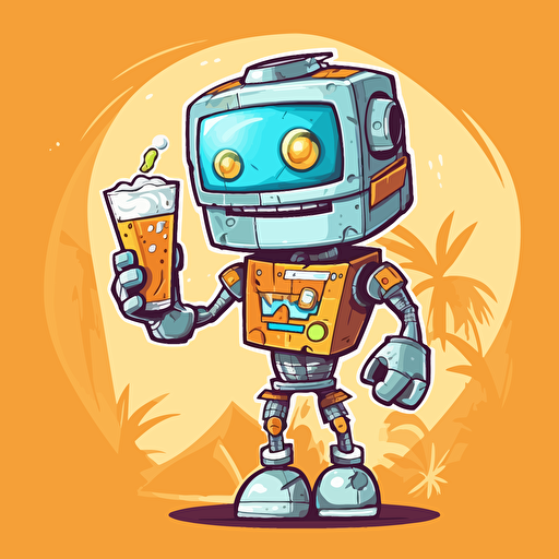 cute happy robot holding a beer, cartoon graffiti, vector, no background, surfer