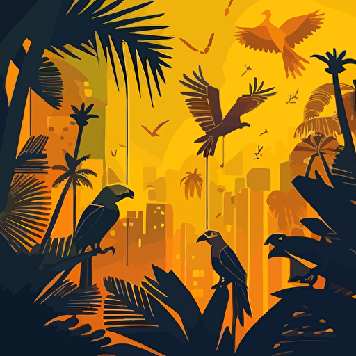 ILLUSTRATION OF THE GOLDEN CITY FOR A CHILDRENS BOOK, IN THE STYLE OF genndy tartakovsky. GOLDEN CITY, RAIN FORREST, PARROTS FLYING, JUNGLE, ADVENTURE SCENE, EXPLORE, HIGH CAMERA VIEW. gOLDEN HOUR. VECTOR ILLUSTRATION