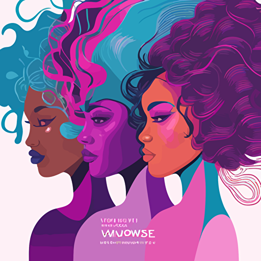 poster art, group of multi-racial women with waves and curls of purple, pink, and turquoise as hair, global conference in the fall, september 2023 vector style