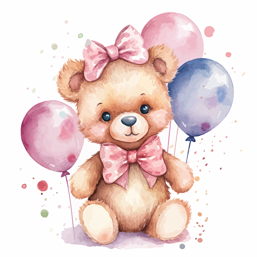 cute teddybear wearing pink bow and holding pnik and gold balloons, watercolor, detailed, vector