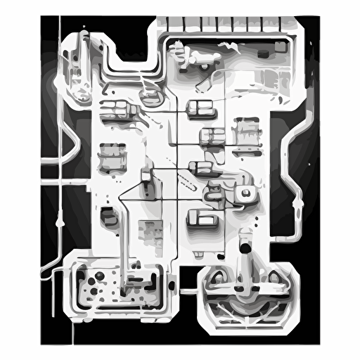 top down floor layout of futuristic laboratory map black and white vector with a white background using pigma micron pens