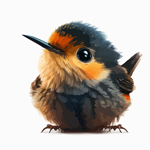 A baby fur colibri, smiling, orange eyes, white background, vector art , pixar style