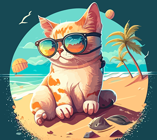 a disney style vector illustration of a cute cat wearing sunglasses, chilling at the beach, summer holiday