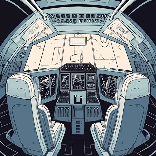 a cockpit of a Boeing 747, a futuristic industrial robot instead of the pilot chair. Vector style for storyboard