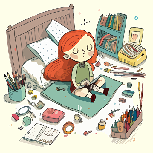 emma, a 7 year old girl with red hair and freckles sits cross-legged on her bedroom floor. She is surrounded by art materials, sketch pads and colorful pencils. Her walls are adorned with her artwork, creating a whimsical room. vector style with soft dreamy qualities