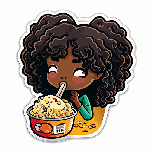 cute young black girl eating ramen sticker art, vector, cut sticker