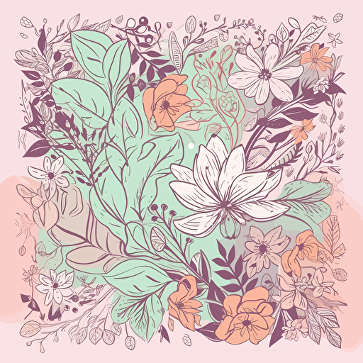 Draw a floral composition in vector art style, with stylized flowers and leaves in pastel tones, in tribute to Women's Day. The colors should be soft and feminine, such as light pink, lavender, and mint green. Frame the image with a 35mm lens and a front-facing perspective, highlighting the flowers and leaves in the composition.
