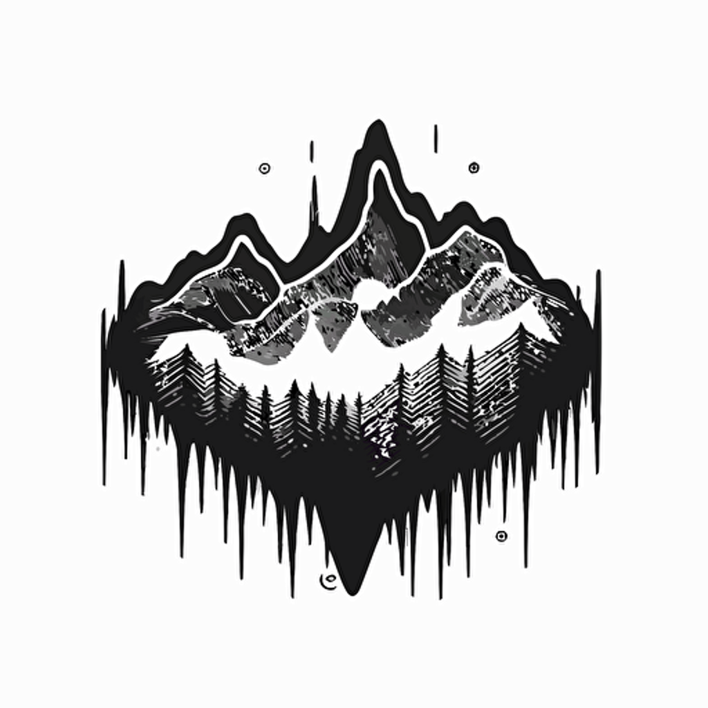 vector 2d logo for music company, heart pulse that look like sound wave in the middle of a mountain, minimal style, black and white,