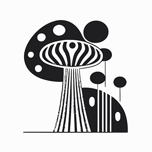 whimsical mushroom in style of Tom Whalen, abstract, simple, black and white, flat, vector, line drawling, white background ar 1:1