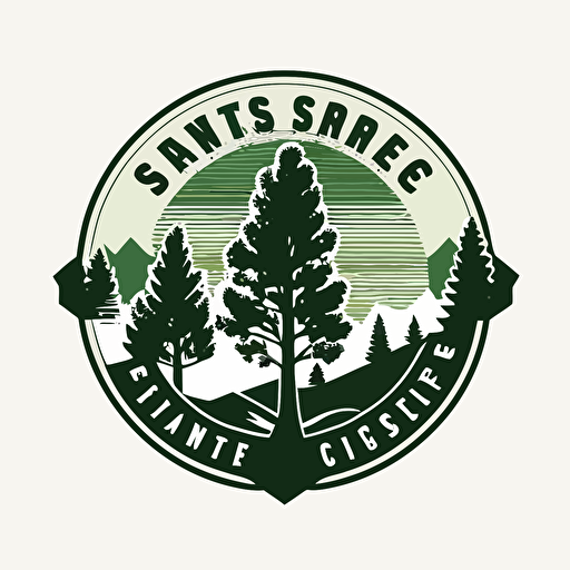 Tree service logo. Simple vector image, white and green colors with silhouette of mountains in the background and lots of pine trees in the foreground.