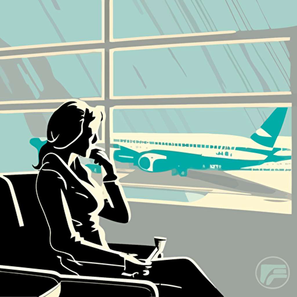 women in airport sits on a couch looking plane throught windows while drinking coffee, vector